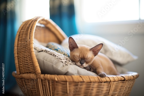 burmese cat tucked in a basket with a pillow