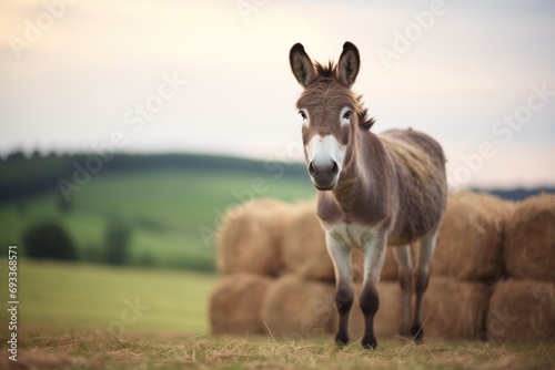 donkey loaded with hay bales in a field