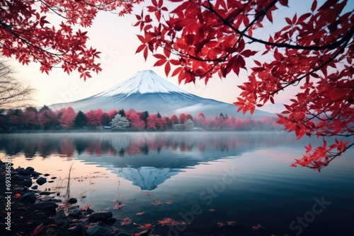 A stunning image of a mountain reflected in the calm waters of a lake. Perfect for nature lovers and travel enthusiasts