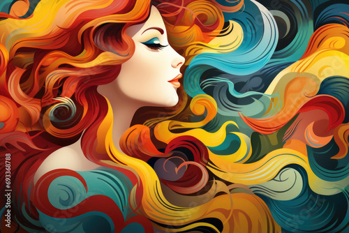 Vibrant painting of woman with flowing red hair. This artwork captures beauty and elegance of woman with fiery locks. Perfect for adding pop of color and sophistication to any space.