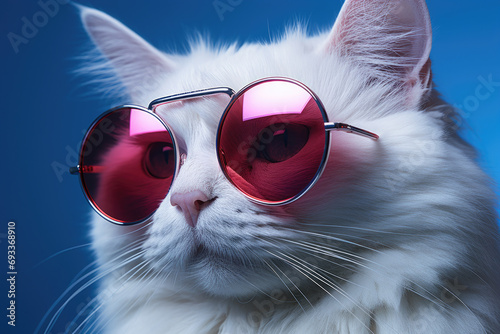 Close-up view of cat wearing sunglasses. This image can be used to add touch of humor or to represent cool and confident attitude.