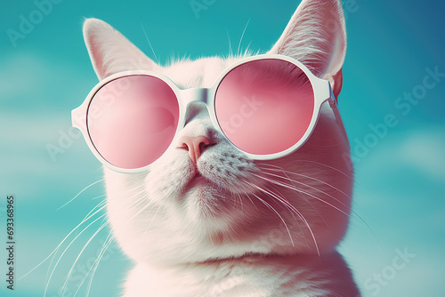 White cat wearing pink sunglasses on sunny day. Perfect for summer-themed designs and cat lovers.