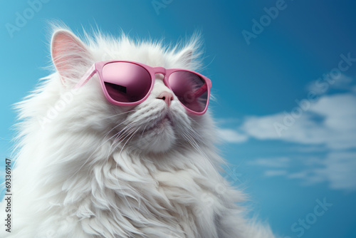 Cute white cat with stylish pink sunglasses posing on vibrant blue background. Perfect for summer-themed designs and pet-related content.