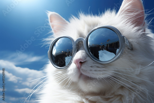White cat wearing sunglasses on sunny day. Perfect for summer-themed designs and pet-related content.