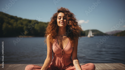 Bellissima ragazza con capelli rossi e ricci mentre fa yoga e meditazione in riva ad un lago 