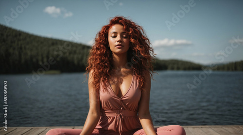 Bellissima ragazza con capelli rossi e ricci mentre fa yoga e meditazione in riva ad un lago	 photo