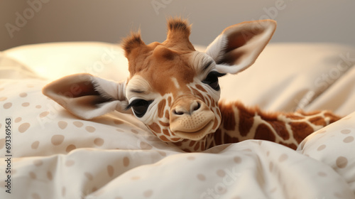 Adorable baby giraffe , lying in white soft bed, in day light