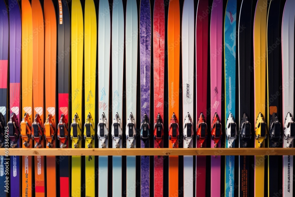 Skis neatly arranged against a wall. Suitable for winter sports or ski equipment concepts Skis neatly arranged against a wall. Suitable for winter sports or ski equipment concepts