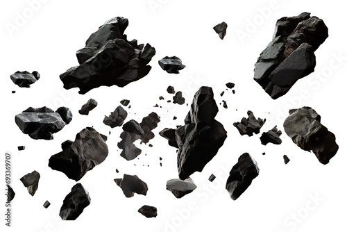 Falling black rocks isolated on transparent background Remove png, Clipping Path, pen tool photo