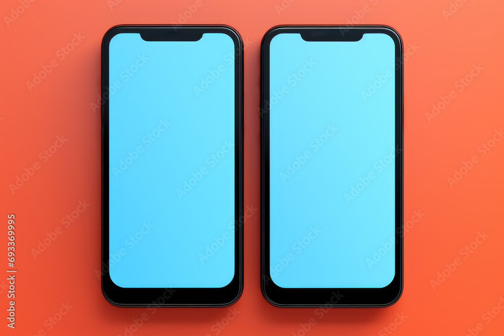 Two black Smartphones sitting side by side on orange background. Perfect for technology or communication concepts. Two black Smartphones sitting side by side on orange background. Perfect for technology or communication concepts.