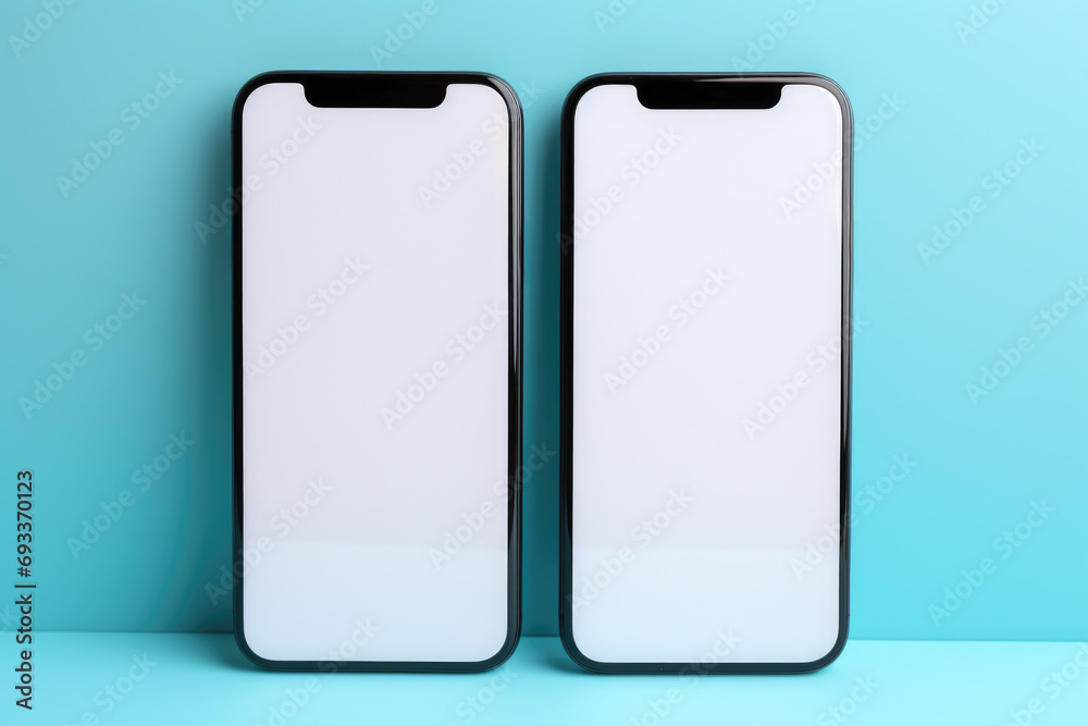 Two smartphones sitting side by side on blue surface. Technology or communication concepts. Two smartphones sitting side by side on blue surface. Technology or communication concepts.