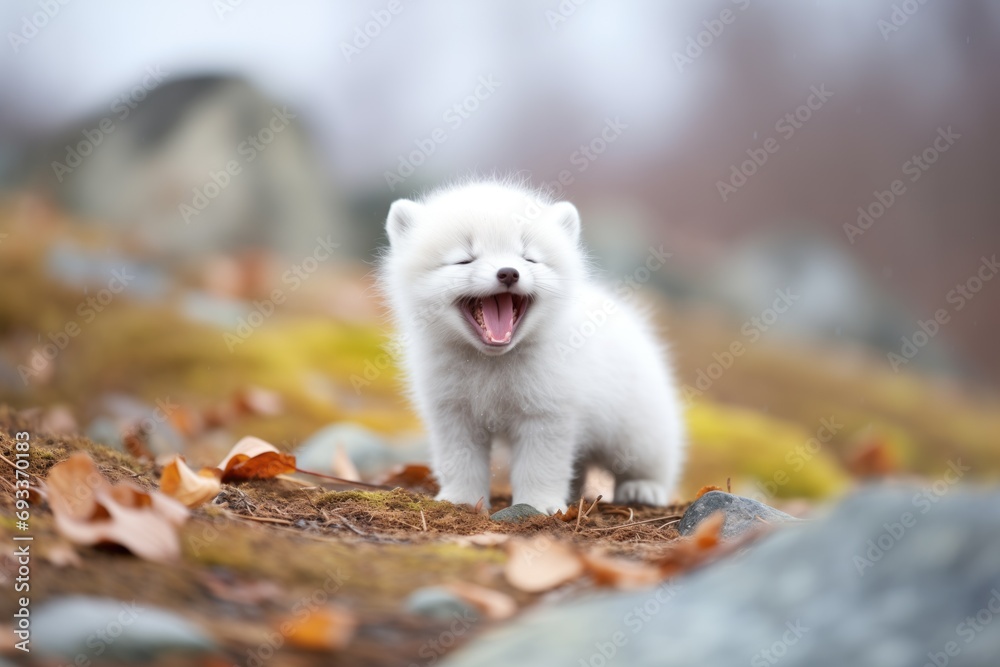 Fototapeta premium arctic fox yawn on frosty ground