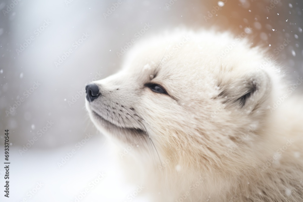 close-up of arctic fox snout with snow particles