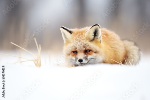 fox burrowing into snow for warmth