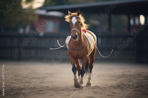horse wearing blinders trotting around a round pen photo