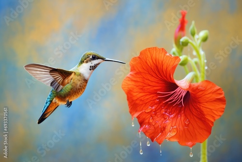 hummingbird sipping nectar from a bright red hibiscus photo
