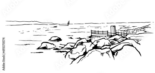 海岸、岩場、線画、塗り絵、