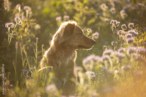 dog in a flowerfield photo