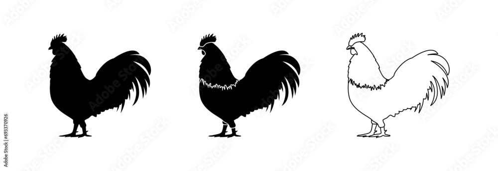 Silhouette of a rooster in three variations on a white background. Silhouette of a rooster in three variations on a white background.