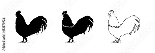 Silhouette of a rooster in three variations on a white background.