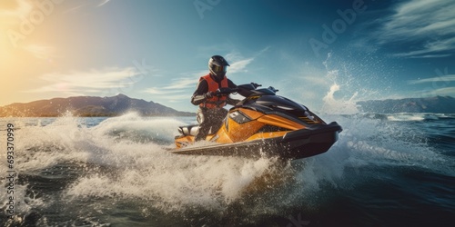 A person riding a jet ski on a body of water. Suitable for outdoor water sports and recreational activities photo