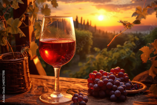 Sunset in the vineyard, a glass of red wine with vines