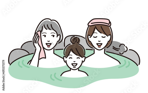 温泉に入る三世代家族