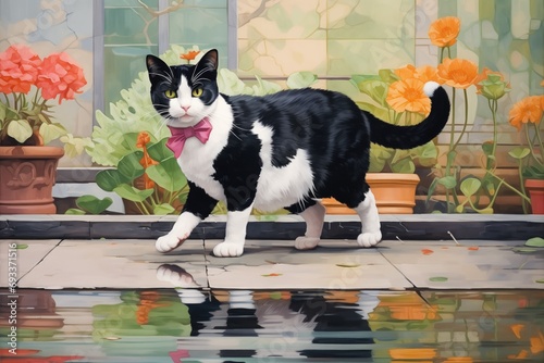 tuxedo cat tiptoeing around the edge of a duck pond photo