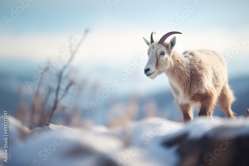 snow-covered goat on a winter cliff