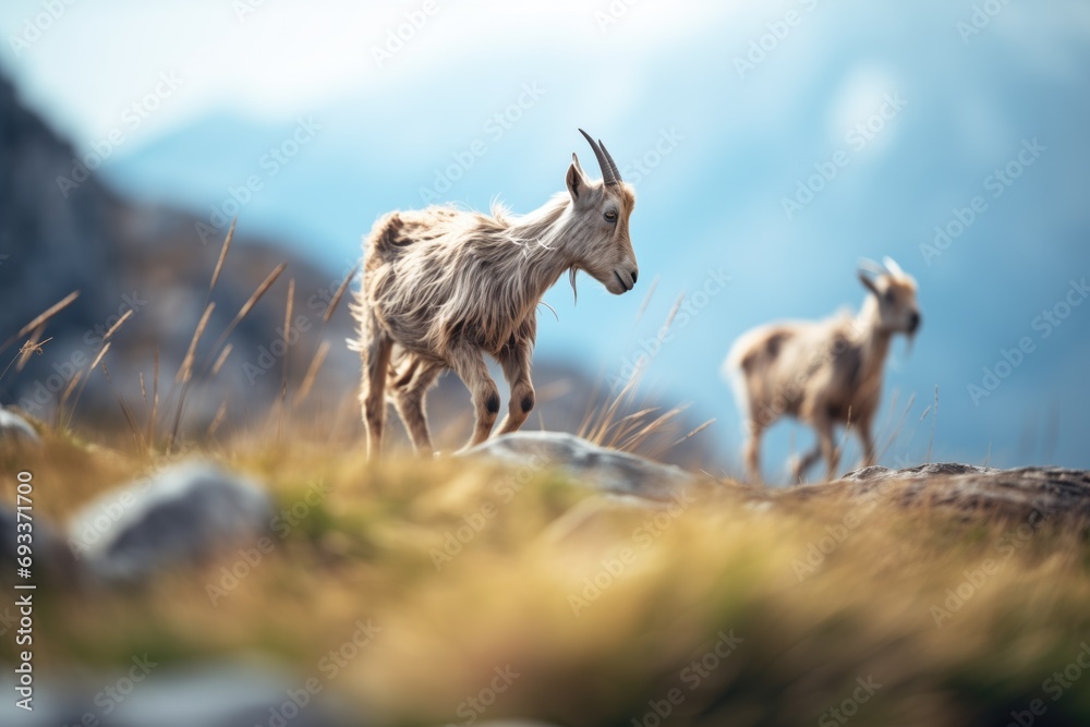 Fototapeta premium group of young goats playing near a mountain edge