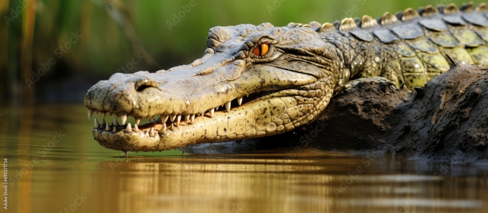 Obraz premium Saltwater crocodile basks in marsh.