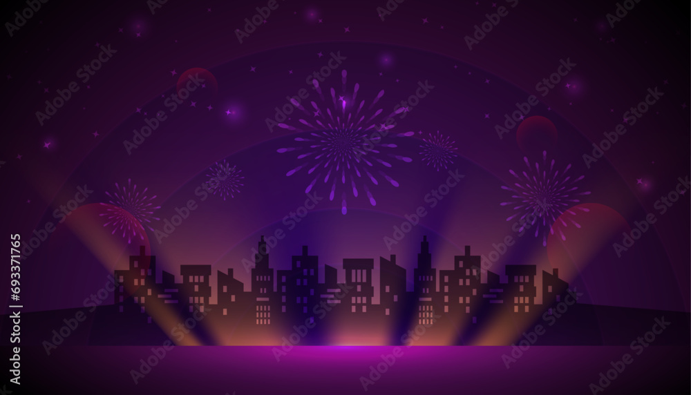 New year fireworks background. Vector Silhouette city on purple celebration background New year fireworks background. Vector Silhouette city on purple celebration background