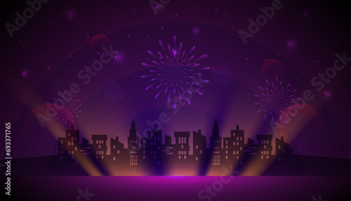 New year fireworks background. Vector Silhouette city on purple celebration background