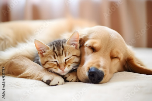 Cat and dog sleeping. Puppy and kitten sleep. © Prasanth