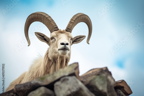 elder mountain goat with impressive horns on a boulder