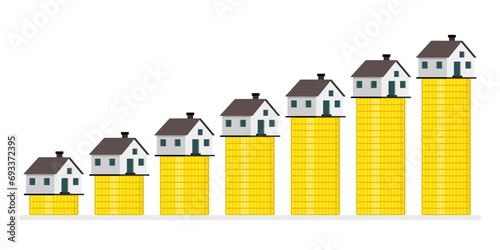 Mini houses and gold coins. Concept of real estate investment, income, taxes and passive income. Vector illustration