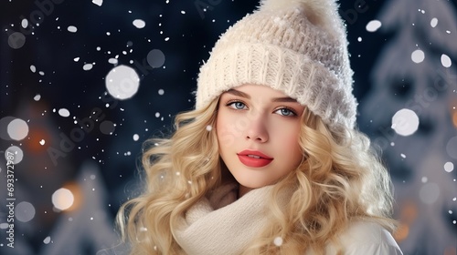 Beautiful young woman in winter hat over Christmas background, winter season, snow, happy holidays