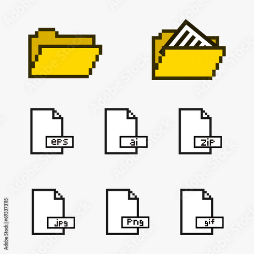 Folder and file icon pixel art, set of pixel icon file folders web 8bit style. photo