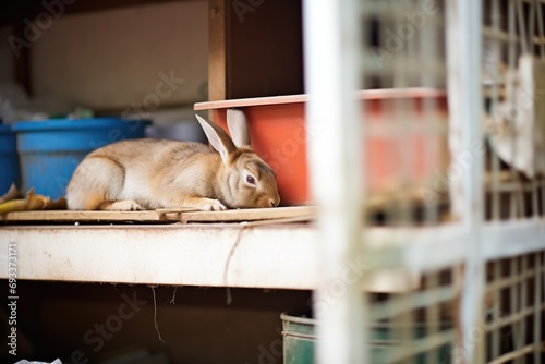 side view of rabbit resting in well-ventilated hutch