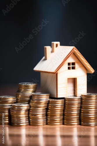 A model house sitting on top of a pile of coins. Perfect for illustrating financial success and investments