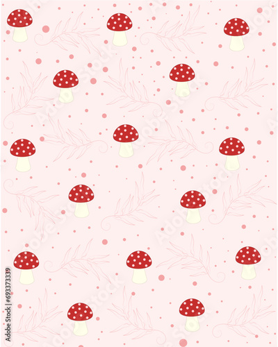 Groovy background with Floral graphic and mushrooms . Seamless pattern, retro 60s, 70s hippie style fun wallpaper. Vintage meadow, wonderland. Tricky textile, fabric, wrapping, wallpaper, background.