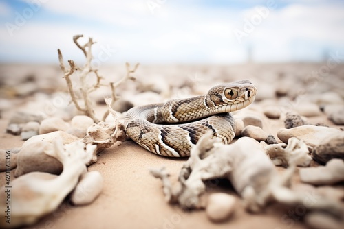 rattlesnake camouflaged among desert stones photo