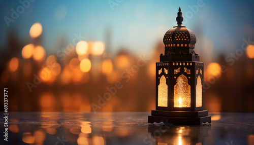 an islamic lantern with a blurred mosque in the background for al fitr and adha eid photo