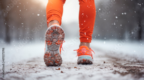 Fitness, sport, and healthy lifestyle concept - close up of female feet running along winter road and snow.