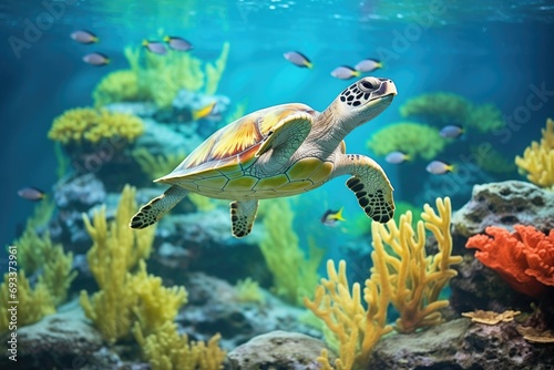 green sea turtle gliding over coral reef