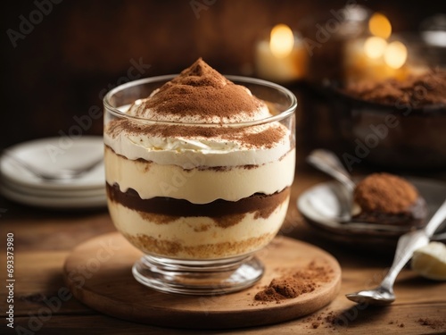 cream with chocolate, Tiramisu dessert served in a glass cup on a wooden background, Classic tiramisu dessert in a glass cup on wooden background