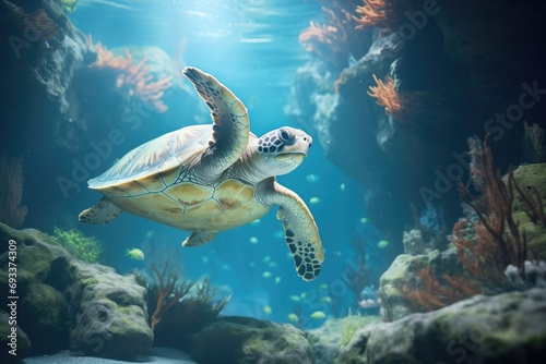 sea turtle near an underwater cave entrance