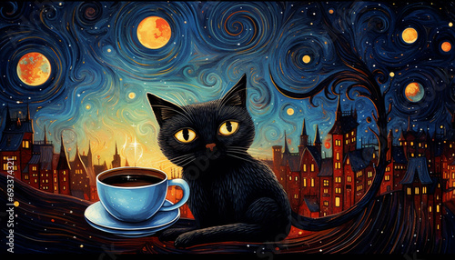 a black cat glitter coffee and crescent moon in glowing starry night