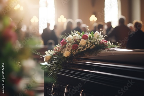 A casket adorned with flowers placed inside a church. Suitable for funeral or memorial service concepts photo