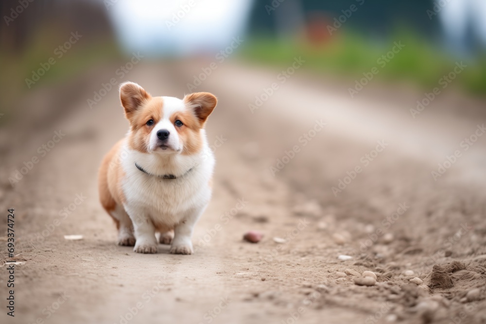 corgi on a farm dirt road